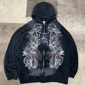 Y2K Tapout MPS Mens 2XL Black Full Zip Hoodie Skull Barbed Wire MMA Y2K Grunge